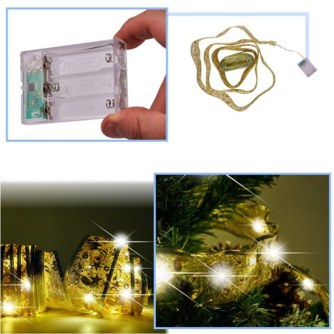 Wstążka ozdobna taśma LED 10m 100LED lampki choinkowe ozdoba świąteczna ciepły biały na baterie Wstążka ozdobna taśma LED 10m 100LED lampki choinkowe ozdoba świąteczna ciepły biały na baterie