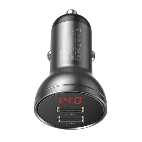 Ładowarka samochodowa 2x USB 4.8A 24W z wyświetlaczem LCD szary Ładowarka samochodowa 2x USB 4.8A 24W z wyświetlaczem LCD szary