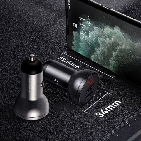 Ładowarka samochodowa 2x USB 4.8A 24W z wyświetlaczem LCD szary Ładowarka samochodowa 2x USB 4.8A 24W z wyświetlaczem LCD szary