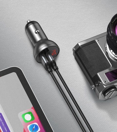 Ładowarka samochodowa 2x USB 4.8A 24W z wyświetlaczem LCD szary Ładowarka samochodowa 2x USB 4.8A 24W z wyświetlaczem LCD szary