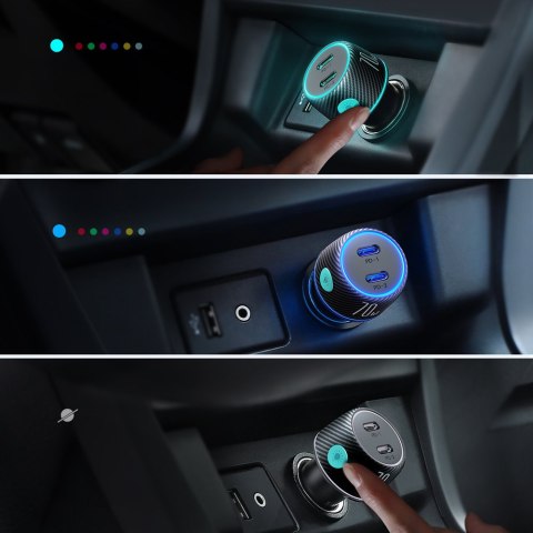 Ładowarka samochodowa podwójna 2x USB-C 70W z podświetleniem LED JR-CCN02 - czarna