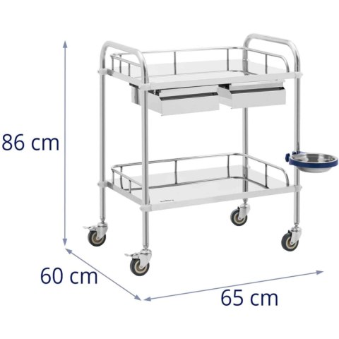 Wózek laboratoryjny zabiegowy kosmetyczny ze stali 2 półki 2 szuflady 65 x 60 x 86 cm 20 kg Wózek laboratoryjny zabiegowy kosmetyczny ze stali 2 półki 2 szuflady 65 x 60 x 86 cm 20 kg
