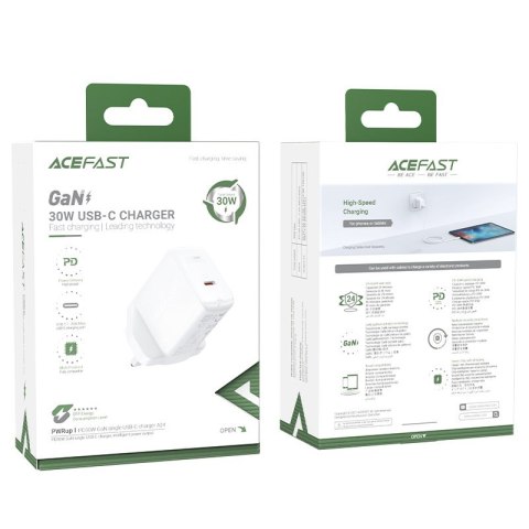 Ładowarka sieciowa angielska GaN USB-C 30W Q3 3.0 AFC FCP wtyczka UK biały Ładowarka sieciowa angielska GaN USB-C 30W Q3 3.0 AFC FCP wtyczka UK biały