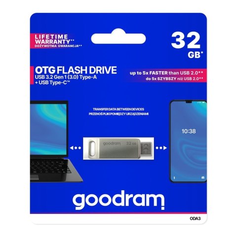 Pendrive 32GB dwa złącza USB 3.2 + USB-C OTG ODA3 srebrny Pendrive 32GB dwa złącza USB 3.2 + USB-C OTG ODA3 srebrny