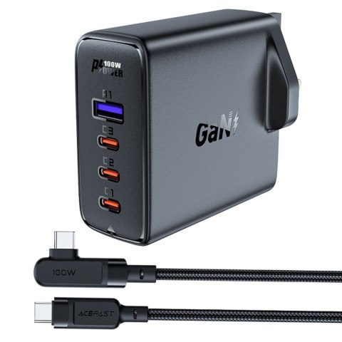 2w1 Kabel i szybka ładowarka sieciowa GaN wtyczka angielska UK 100W PD 3x USB-C USB czarna 2w1 Kabel i szybka ładowarka sieciowa GaN wtyczka angielska UK 100W PD 3x USB-C USB czarna