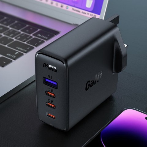 2w1 Kabel i szybka ładowarka sieciowa GaN wtyczka angielska UK 100W PD 3x USB-C USB czarna 2w1 Kabel i szybka ładowarka sieciowa GaN wtyczka angielska UK 100W PD 3x USB-C USB czarna