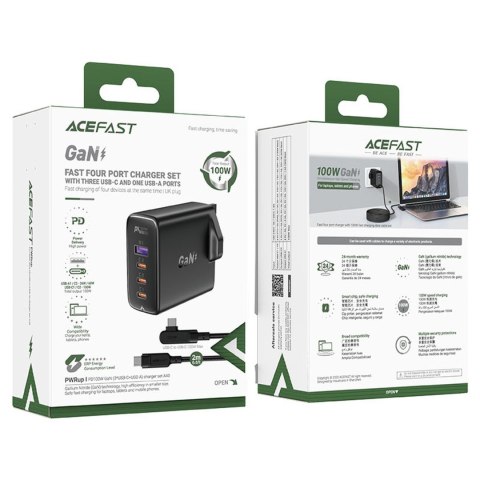 2w1 Kabel i szybka ładowarka sieciowa GaN wtyczka angielska UK 100W PD 3x USB-C USB czarna 2w1 Kabel i szybka ładowarka sieciowa GaN wtyczka angielska UK 100W PD 3x USB-C USB czarna