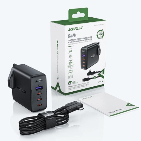 2w1 Kabel i szybka ładowarka sieciowa GaN wtyczka angielska UK 100W PD 3x USB-C USB czarna 2w1 Kabel i szybka ładowarka sieciowa GaN wtyczka angielska UK 100W PD 3x USB-C USB czarna