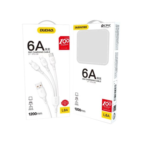 3w1 Kabel przewód USB-A do USB-C micro USB iPhone Lightning 480Mb/s 1.2m biały 3w1 Kabel przewód USB-A do USB-C micro USB iPhone Lightning 480Mb/s 1.2m biały
