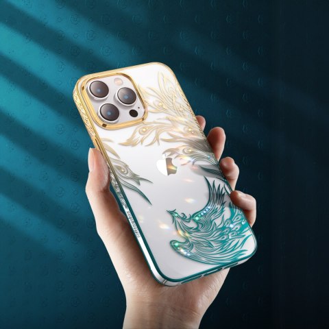 Luksusowe etui iPhone 14 z kryształami Phoenix Series złoto-niebieskie Luksusowe etui iPhone 14 z kryształami Phoenix Series złoto-niebieskie