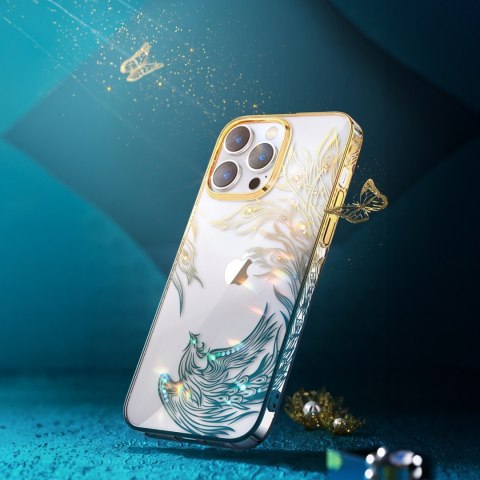 Luksusowe etui iPhone 14 z kryształami Phoenix Series złoto-niebieskie Luksusowe etui iPhone 14 z kryształami Phoenix Series złoto-niebieskie