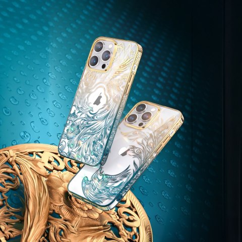 Luksusowe etui iPhone 14 z kryształami Phoenix Series złoto-niebieskie Luksusowe etui iPhone 14 z kryształami Phoenix Series złoto-niebieskie