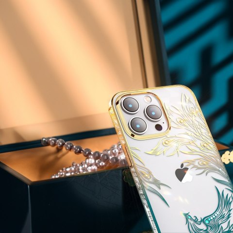 Luksusowe etui iPhone 14 z kryształami Phoenix Series złoto-niebieskie Luksusowe etui iPhone 14 z kryształami Phoenix Series złoto-niebieskie