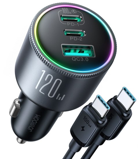 Ładowarka samochodowa 120W 2x USB-C 1x USB-A + kabel USB-C 100W ciemnoszara Ładowarka samochodowa 120W 2x USB-C 1x USB-A + kabel USB-C 100W ciemnoszara