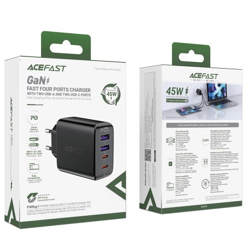 Ładowarka sieciowa PD 45W GaN z 4 portami 2x USB-C + 2x USB-A czarna Ładowarka sieciowa PD 45W GaN z 4 portami 2x USB-C + 2x USB-A czarna
