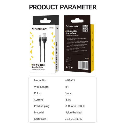 Kabel przewód w oplocie USB-A - USB-C 2.4A 2m czarny Kabel przewód w oplocie USB-A - USB-C 2.4A 2m czarny