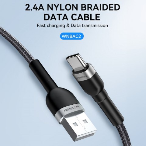 Kabel przewód w oplocie USB-A - USB-C 2.4A 2m czarny Kabel przewód w oplocie USB-A - USB-C 2.4A 2m czarny