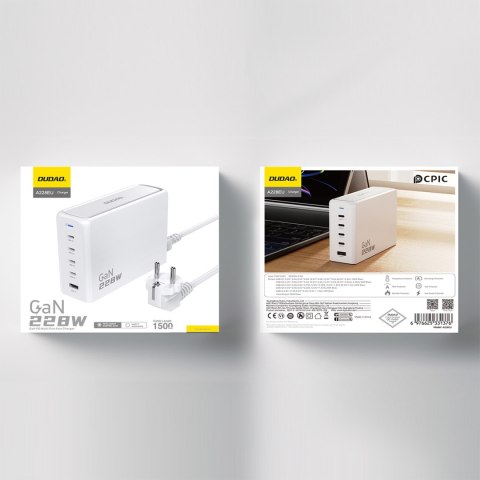Ładowarka sieciowa stacja ładowania GaN 1x USB-A 4x USB-C PD 228W z kablem 1.5m biała Ładowarka sieciowa stacja ładowania GaN 1x USB-A 4x USB-C PD 228W z kablem 1.5m biała