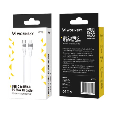 Trwały elastyczny kabel przewód USB-C - USB-C PD 65W 1m biały Trwały elastyczny kabel przewód USB-C - USB-C PD 65W 1m biały