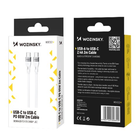 Trwały elastyczny kabel przewód USB-C - USB-C PD 65W 2m biały Trwały elastyczny kabel przewód USB-C - USB-C PD 65W 2m biały