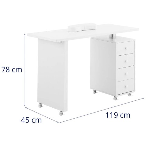 Biurko kosmetyczne do manicure z podpórka na dłonie 4 szuflady 119 x 45 cm - białe Biurko kosmetyczne do manicure z podpórka na dłonie 4 szuflady 119 x 45 cm - białe
