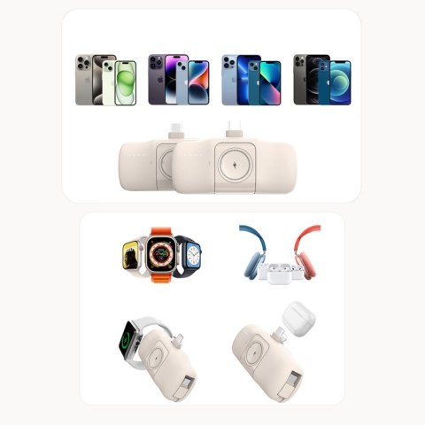 Mini powerbank 5000mAh 15W USB-C i ładowarką do Apple Watch - beżowy Mini powerbank 5000mAh 15W USB-C i ładowarką do Apple Watch - beżowy