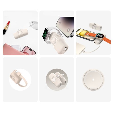 Mini powerbank 5000mAh 15W USB-C i ładowarką do Apple Watch - beżowy Mini powerbank 5000mAh 15W USB-C i ładowarką do Apple Watch - beżowy