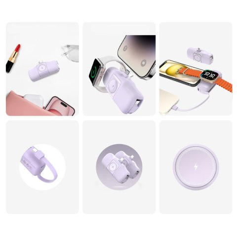 Mini powerbank 5000mAh 15W USB-C i ładowarką do Apple Watch - fioletowy
