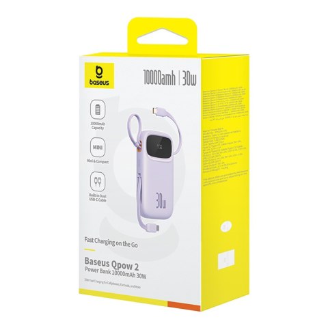 Power bank 10000mAh QPow 2 30W z wbudowanymi kablami USB-C - fioletowy
