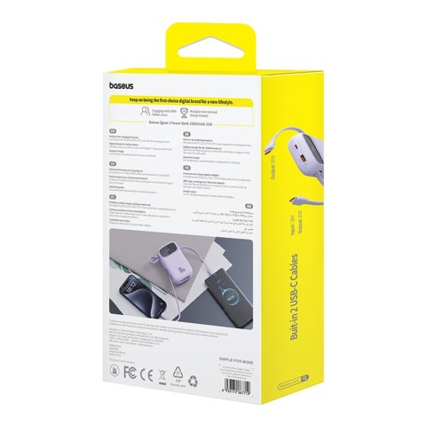 Power bank 10000mAh QPow 2 30W z wbudowanymi kablami USB-C - fioletowy