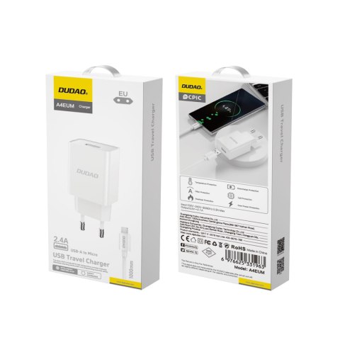 Ładowarka sieciowa USB-A 2.1A + kabel USB-A - microUSB - biała