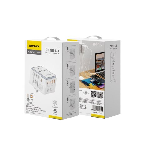Uniwersalna ładowarka adapter podróżny 35W EU / UK / AUS / US / JP 3x USB-C 2x USB-A - biały Uniwersalna ładowarka adapter podróżny 35W EU / UK / AUS / US / JP 3x USB-C 2x USB-A - biały