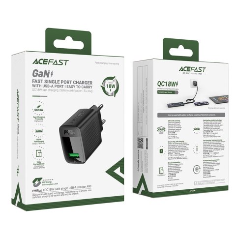 Ładowarka sieciowa A90 GaN USB-A QC 18W - czarna Ładowarka sieciowa A90 GaN USB-A QC 18W - czarna