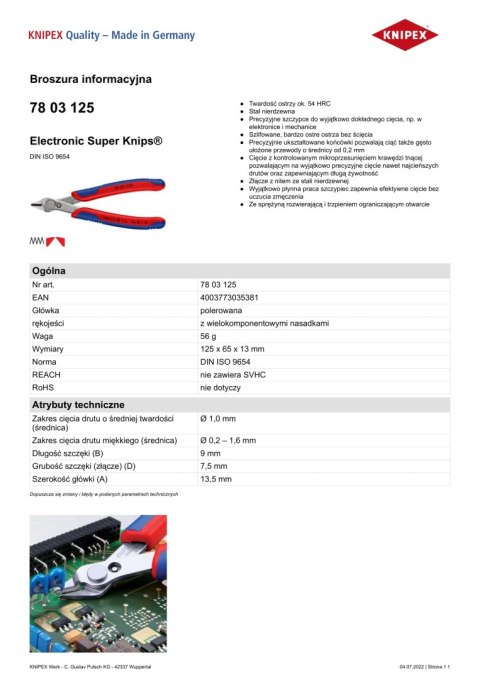 SZCZYPCE DO CIĘCIA 125MM ELECTRONIC SUPER KNIPS SZCZYPCE DO CIĘCIA 125MM ELECTRONIC SUPER KNIPS
