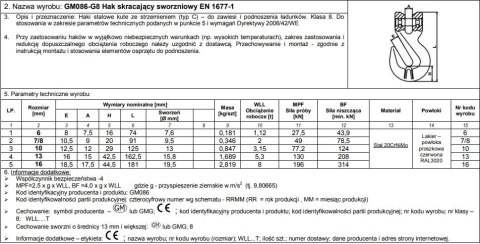 HAK SKRACAJĄCY ZE SWORZNIEM 6MM G8 WLL 1,12T HAK SKRACAJĄCY ZE SWORZNIEM 6MM G8 WLL 1,12T