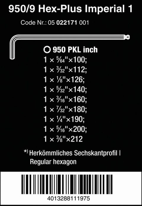 ZESTAW KLUCZY TRZPIENIOWYCH IMPERIAL 950/9 HEX PLUS 9 CZ, ZESTAW KLUCZY TRZPIENIOWYCH IMPERIAL 950/9 HEX PLUS 9 CZ,