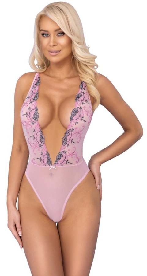 Kissable - Różowe Prześwitujące Body Z Kwiatowym Haftem L/XL Kissable - Różowe Prześwitujące Body Z Kwiatowym Haftem L/XL