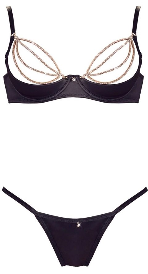 Cottelli LINGERIE - Czarny Seksowny Biustonosz I Stringi Ze Złotymi Łańcuchami 85C/L