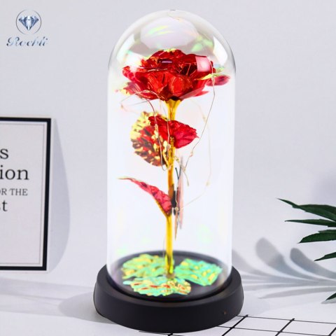 Wieczna Róża W Szle Kryształowa Oświetlenie LED Motylek Czerwona 21x11cm Wieczna Róża W Szle Kryształowa Oświetlenie LED Motylek Czerwona 21x11cm