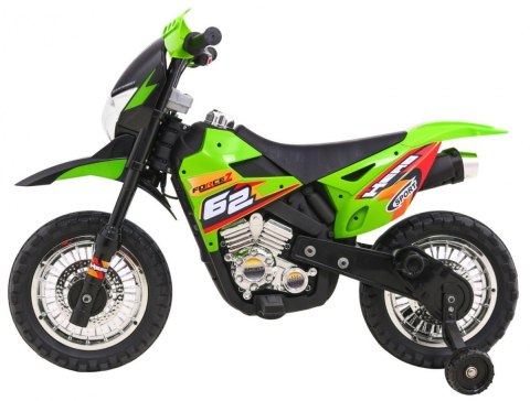 Motorek Cross dla dzieci Pojazd na akumulator Zielony + Pomocnicze kółka + Dźwięki LED Motorek Cross dla dzieci Pojazd na akumulator Zielony + Pomocnicze kółka + Dźwięki LED