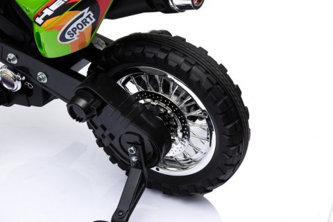 Motorek Cross dla dzieci Pojazd na akumulator Zielony + Pomocnicze kółka + Dźwięki LED Motorek Cross dla dzieci Pojazd na akumulator Zielony + Pomocnicze kółka + Dźwięki LED