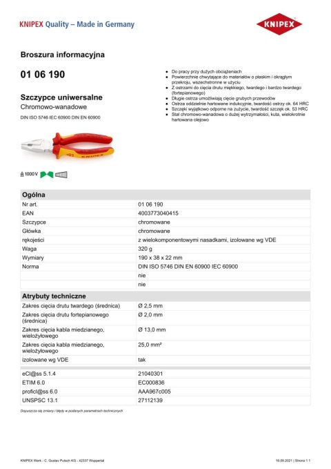 SZCZYPCE UNIWERSALNE VDE 1000V 190MM SZCZYPCE UNIWERSALNE VDE 1000V 190MM