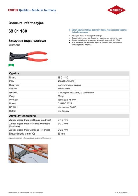 SZCZYPCE TNĄCE CZOŁOWE, POWLEKANE 180MM. SZCZYPCE TNĄCE CZOŁOWE, POWLEKANE 180MM.
