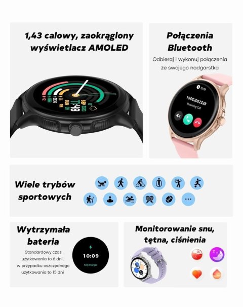 Smartwatch Damski GRAVITY GT12-5 Szary Pasek Silikonowy + Bransoleta Różowe Złoto