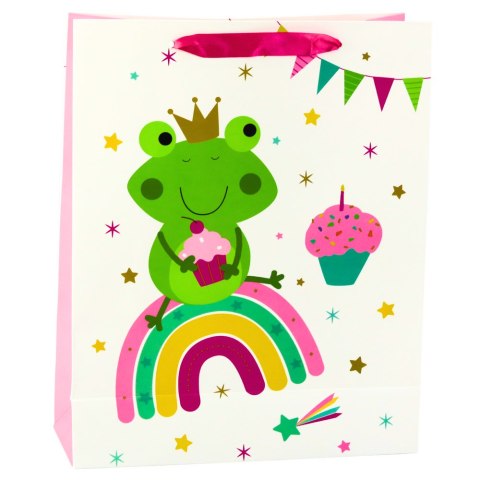 Torba Prezentowa Żaba z Koroną Tęcza Biało Różowa 32x26x10cm Torba Prezentowa Żaba z Koroną Tęcza Biało Różowa 32x26x10cm