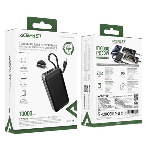 Powerbank 10000mAh PD30W z wbudowanym kablem USB-C - czarny