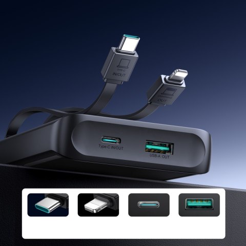 Powerbank 10000mAh z wbudowanymi kablami USB-C iPhone Lightning - czarny Powerbank 10000mAh z wbudowanymi kablami USB-C iPhone Lightning - czarny