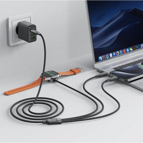 3w1 Kabel przewód USB-C - 2x USB-C / ładowarka Apple Watch Qi 480Mb/s 100W 1.2m - czarny