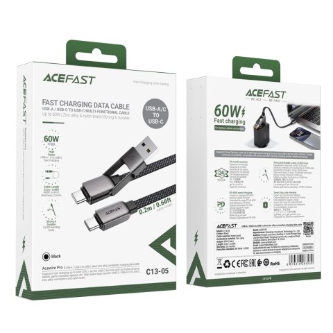 Kabel przewód USB-C - USB-A / USB-C 480Mb/s 3A 0.2m - czarny