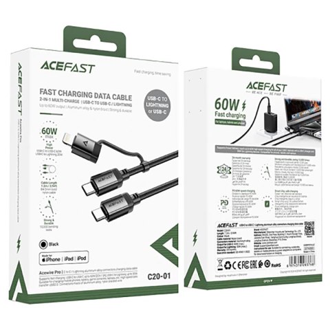 Kabel przewód USB-C - USB-C / Lightning 60W 480Mb/s 3A 1.2m - czarny Kabel przewód USB-C - USB-C / Lightning 60W 480Mb/s 3A 1.2m - czarny